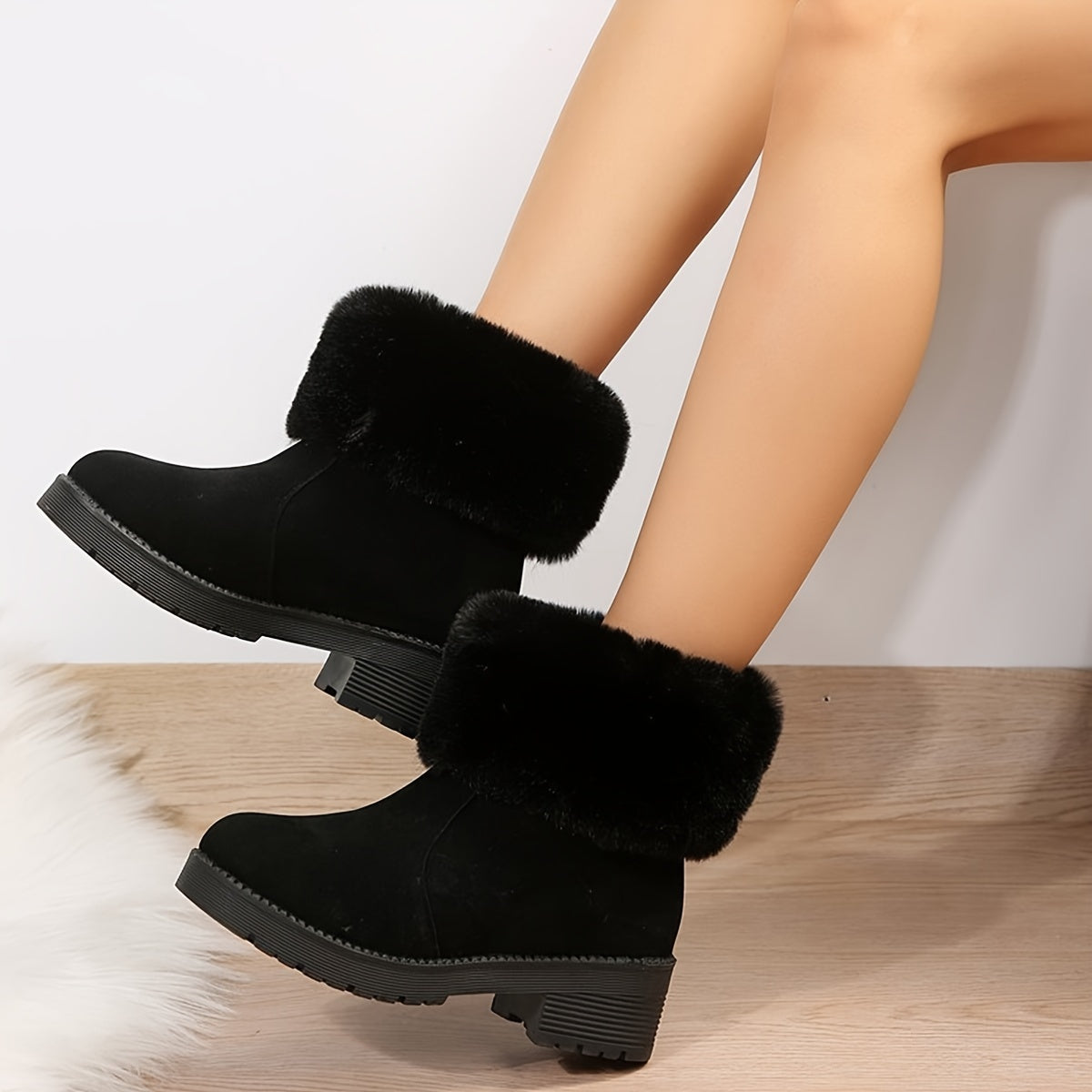 Chunky Heels Snow Boots Non Slip Plush Lined Furry Slip On Snow Shoes