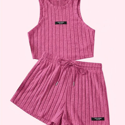 Ribbed Two Piece Set Tank Top & Drawstring Shorts