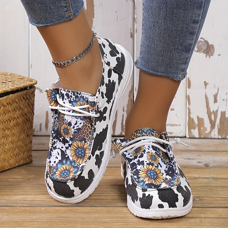 Women's Cow & Leopard Pattern Shoes Lace Up Slip On Round Toe Canvas Shoes