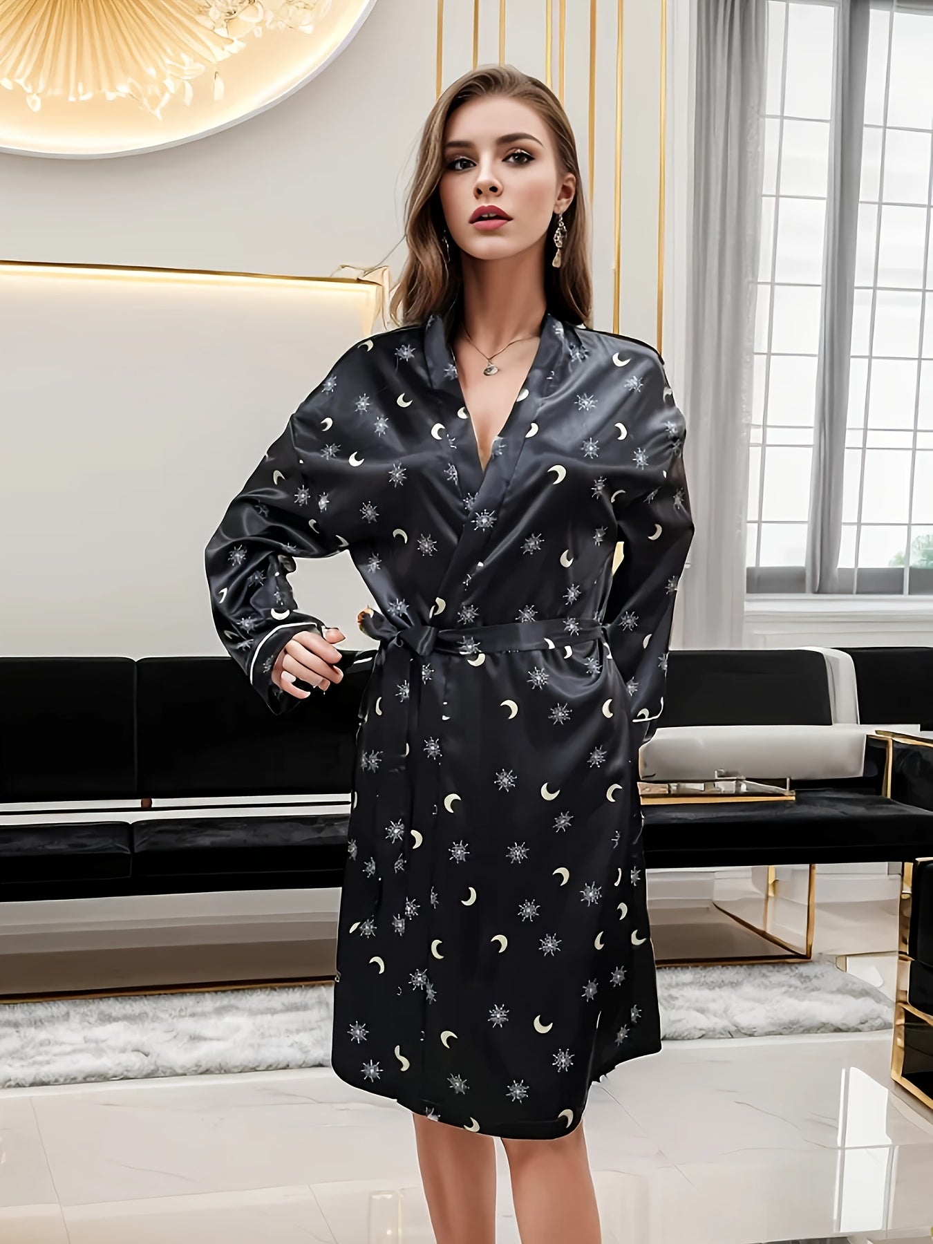 Moon Print Lounge Robes V Neck Long Sleeve Home Robe With Belt Women's