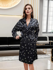 Moon Print Lounge Robes V Neck Long Sleeve Home Robe With Belt Women's