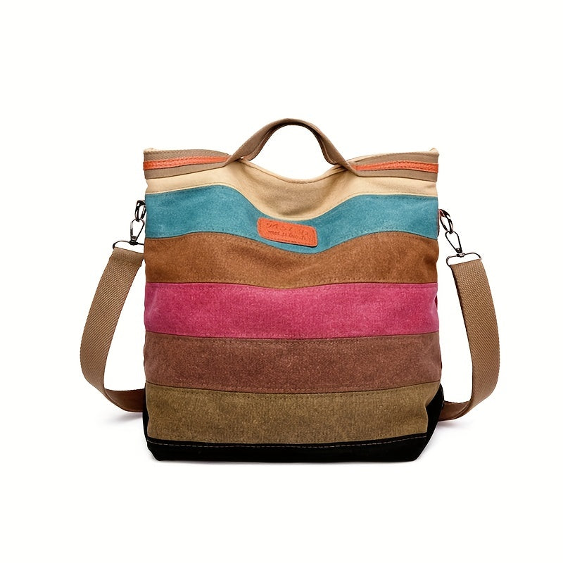 Rainbow Canvas Tote Bag Vintage Stitching Shoulder Bag