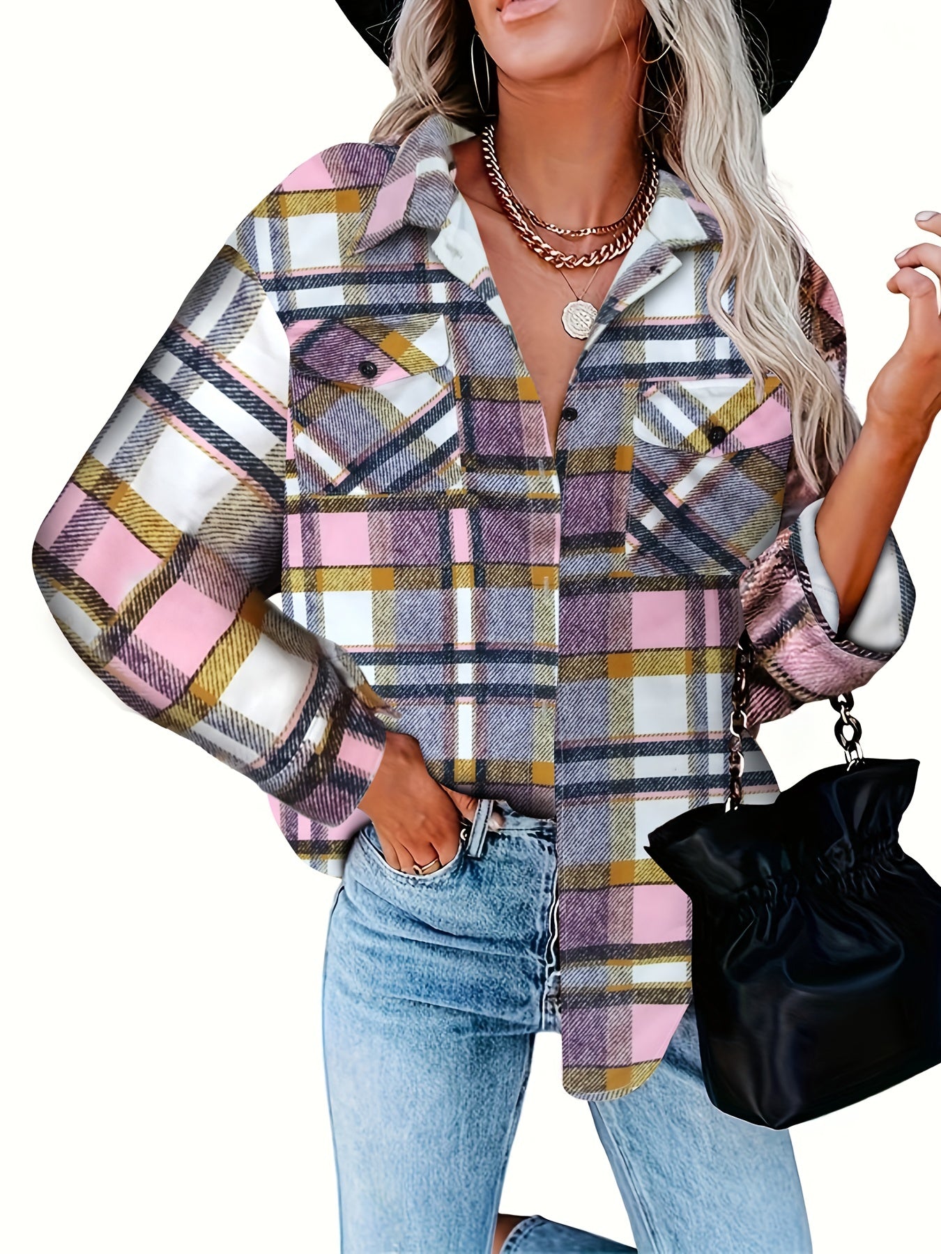  Plaid Print Button Up Long Sleeve Blouse