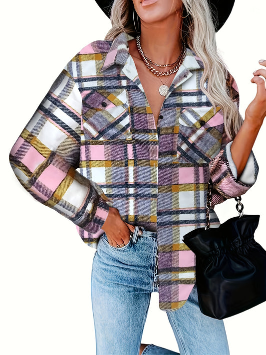  Plaid Print Button Up Long Sleeve Blouse