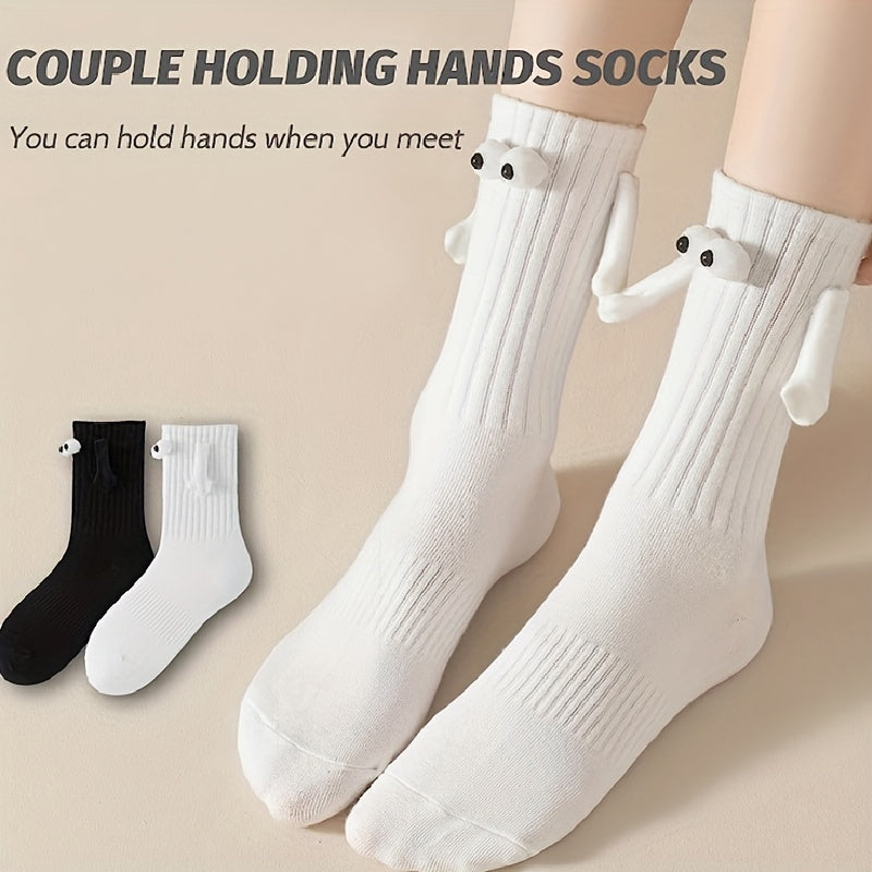 Creative Sweat-absorbing Mid-calf Socks with Magnetic Hand Holding Dolls