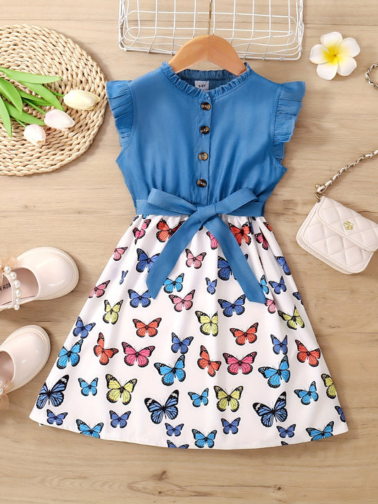 Girls Sleeveless Ruffle Denim Leopard Print Princess Dress