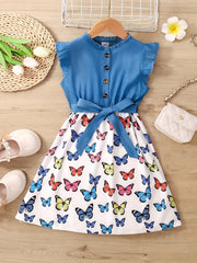 Girls Sleeveless Ruffle Denim Leopard Print Princess Dress