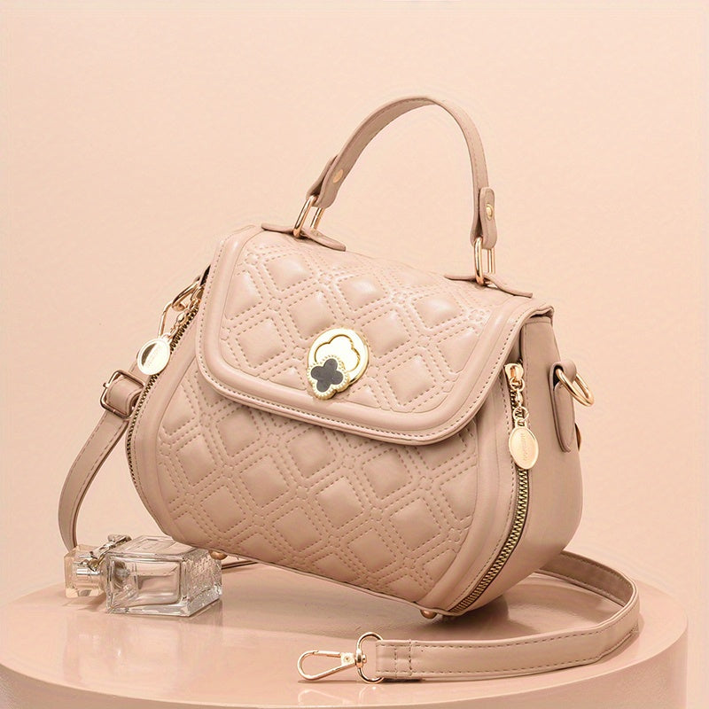 Argyle Embroidered Crossbody Bag Metal Decor Flap Purse