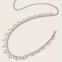Pearl Pendant Rhinestone Waist Chain Belly Chain Silvery Belt