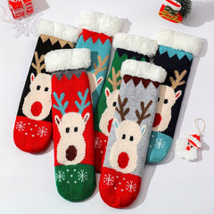 6 Pairs Christmas Elk Print & Plush Lined Women's Socks