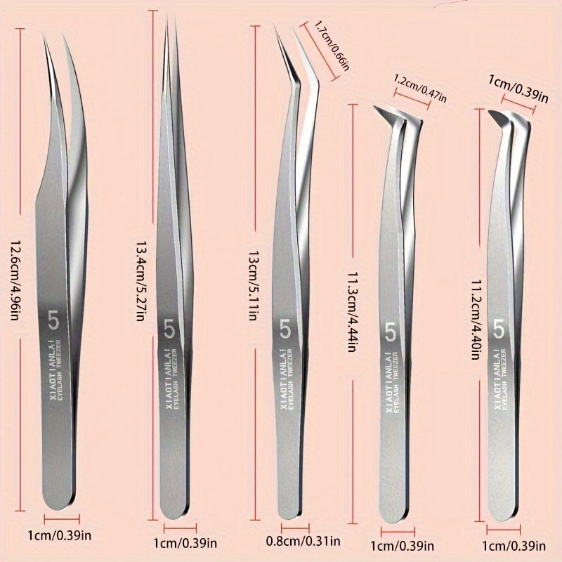 5pcs Eyelash Tweezers Clips Set for Beginners