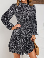 Floral Print Mock Neck Dress Elastic Waist Long Sleeve Mini Dress