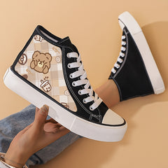 Girl's High Top Bear Pattern Skate Shoes Non Slip Lace Up Sneakers
