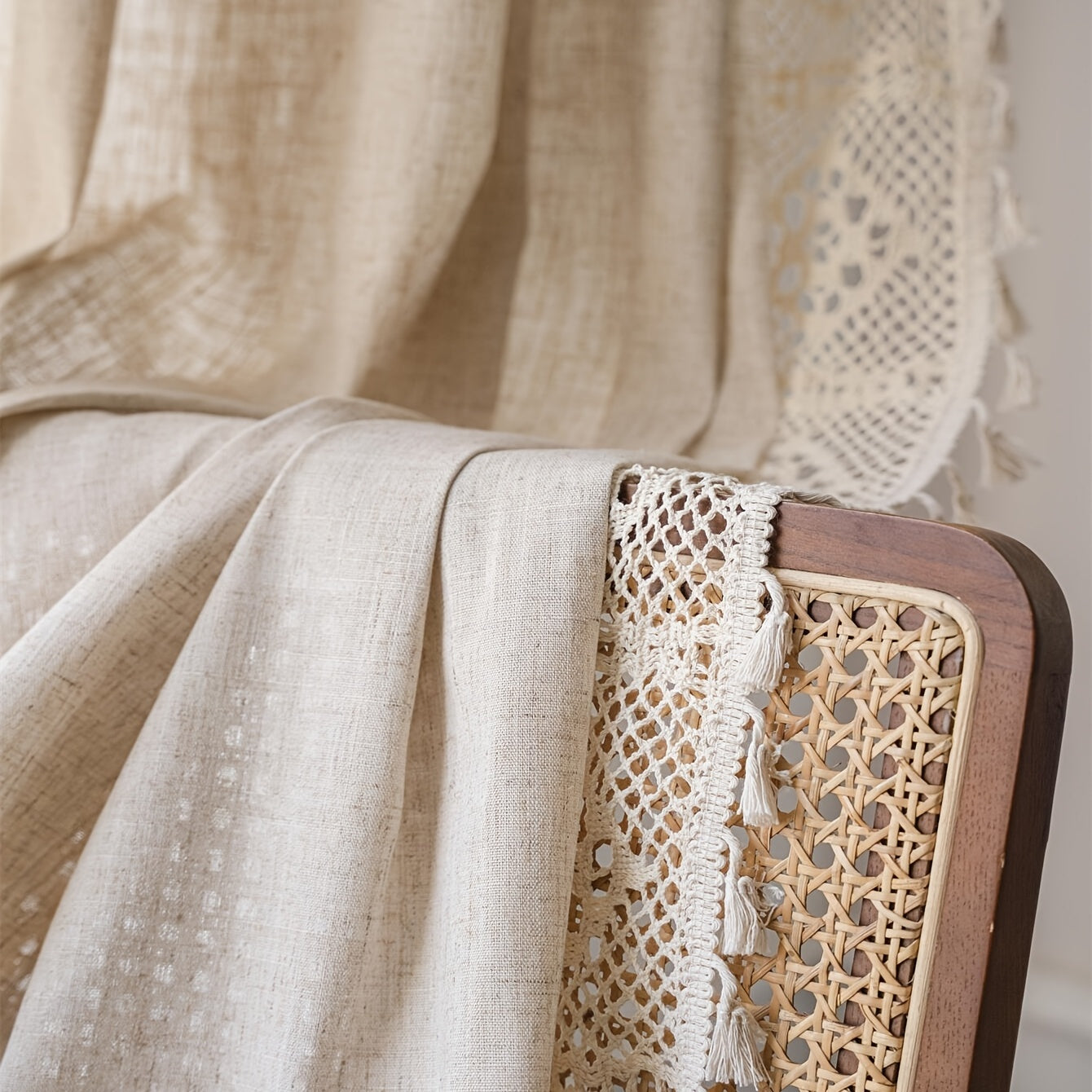 Boho Pure Linen Crochet Semi Blackout Curtain American Farmhouse Style
