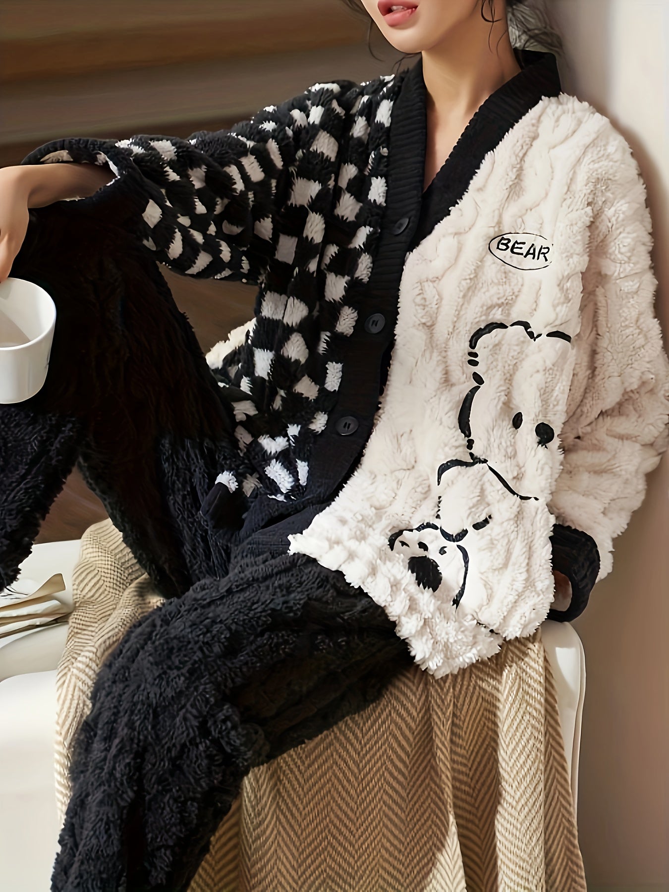 Cartoon Bear Pajama Set Long Sleeve Fuzzy Top & Pants