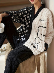 Cartoon Bear Pajama Set Long Sleeve Fuzzy Top & Pants