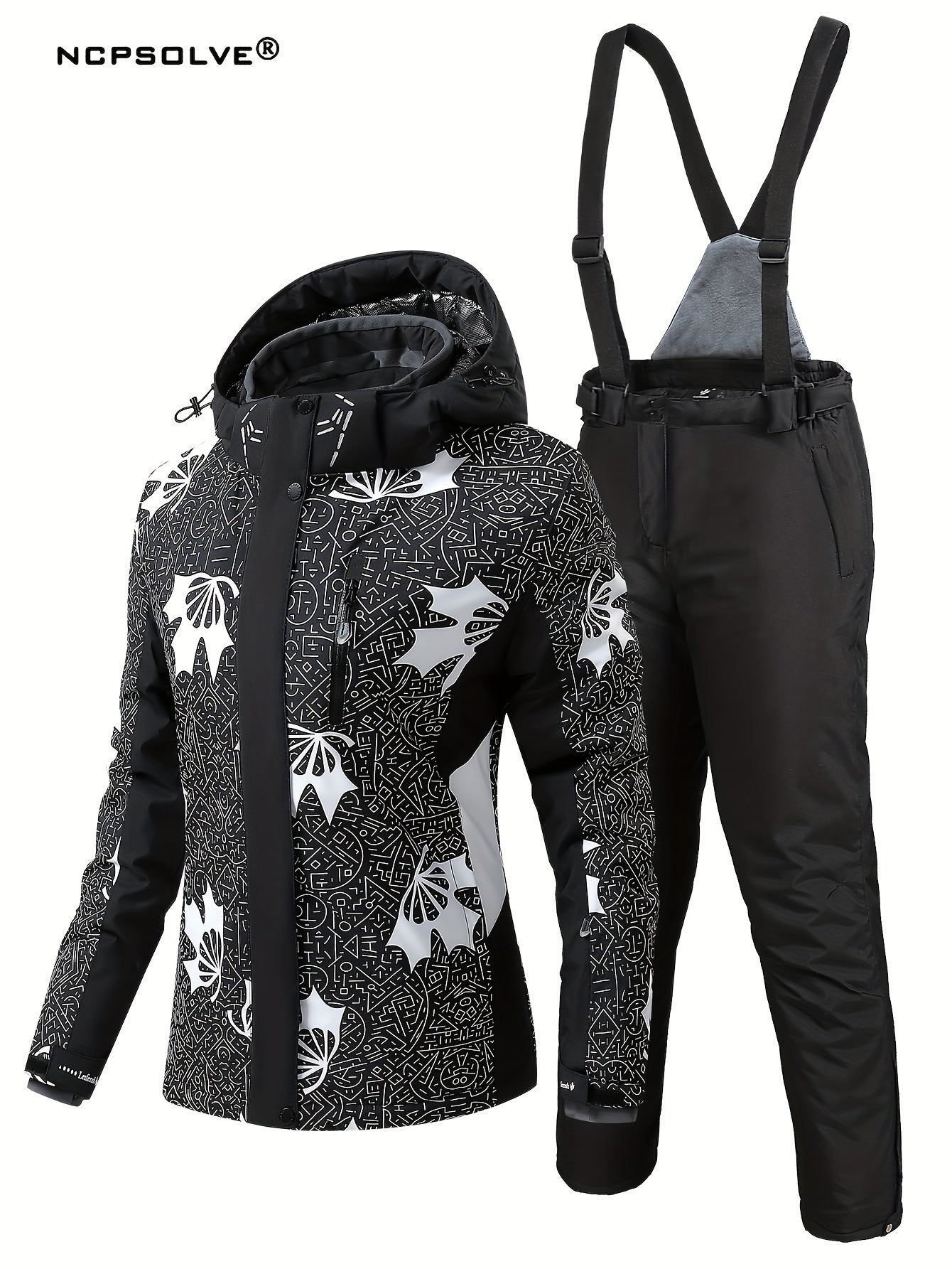 Geometric Print Ski Set Long Sleeves Hooded Jacket & Trouser Ski Suit