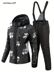 Geometric Print Ski Set Long Sleeves Hooded Jacket & Trouser Ski Suit