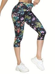 High Waist Yoga Capris w/ Pockets Tummy Control Floral Print Non See Through