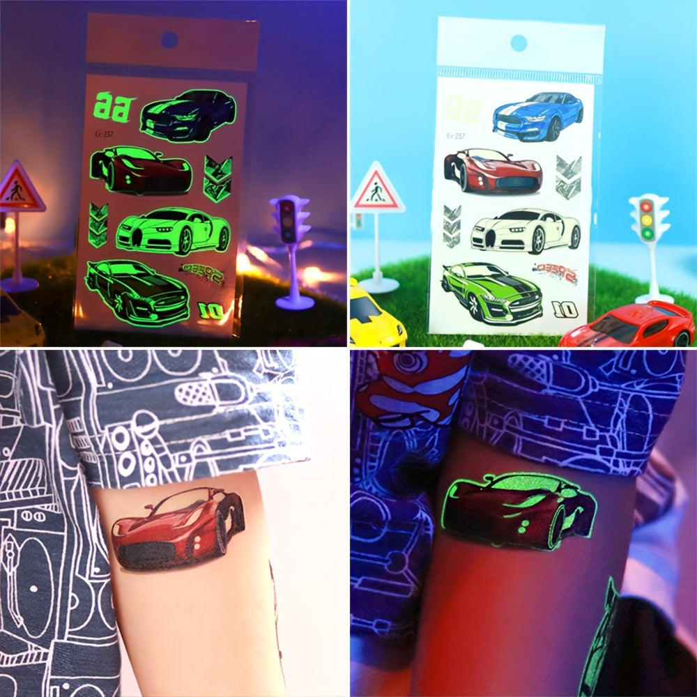 10 Sheets Glow in The Dark Racing Vehicles Temporary Tattoos