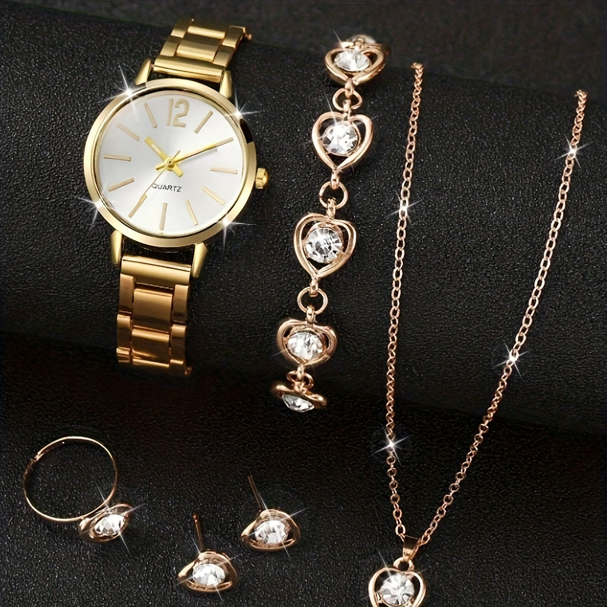 Zinc Alloy Round Pointer Quartz Watch & 5pcs Jewelry Set