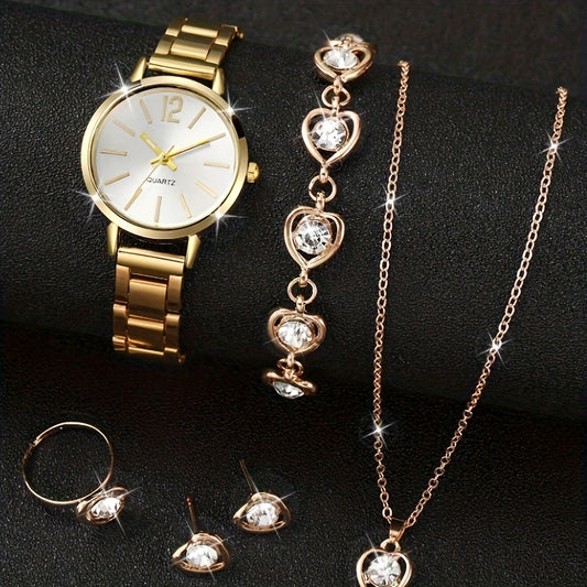 Zinc Alloy Round Pointer Quartz Watch & 5pcs Jewelry Set