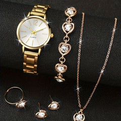 Zinc Alloy Round Pointer Quartz Watch & 5pcs Jewelry Set
