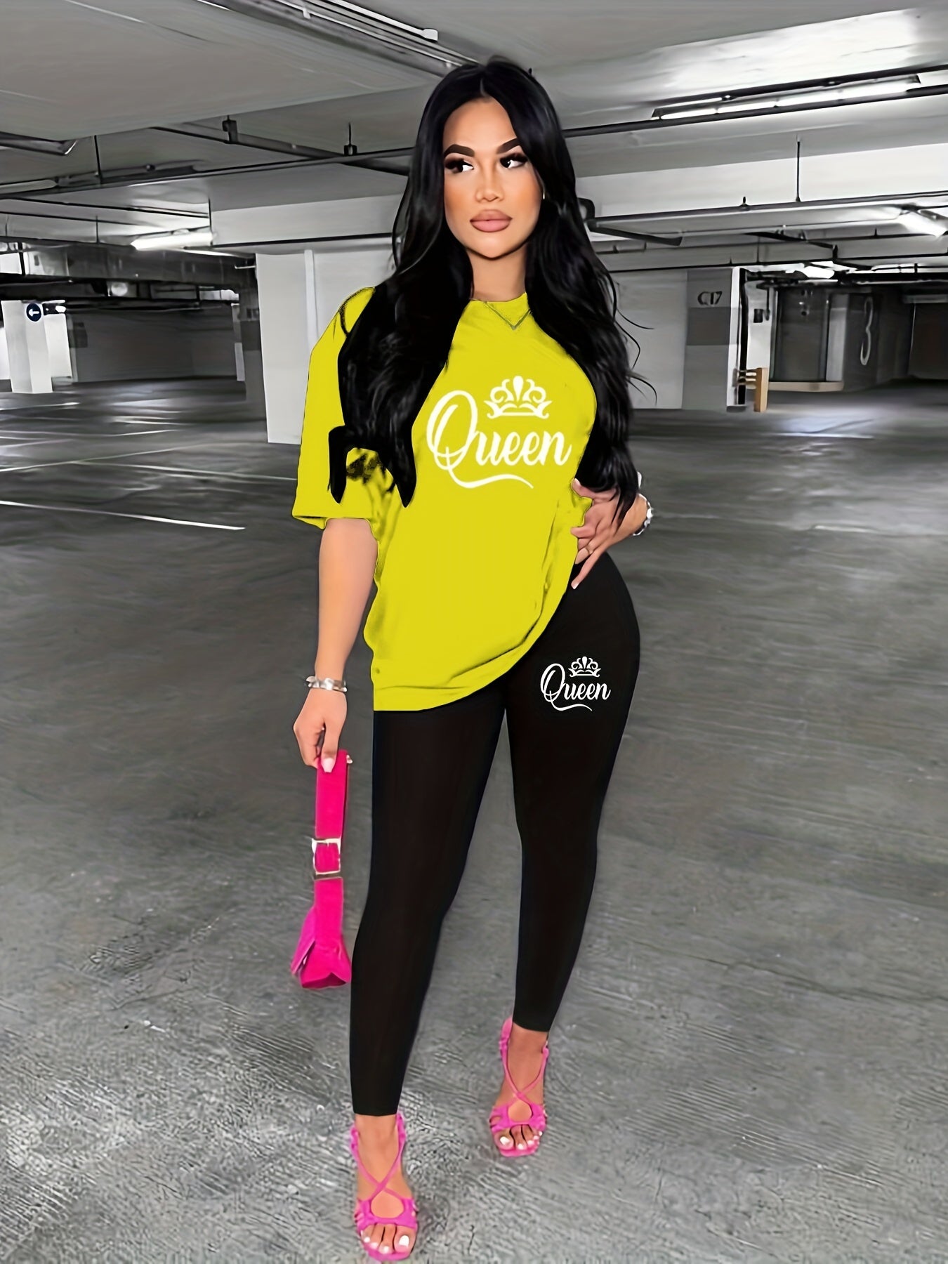 Graphic Print Two piece Set Crew Neck Short Sleeve Tee & Long Length Slim Pants