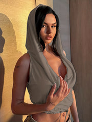 Sleeveless Crop Top Hoodie Solid Casual Top