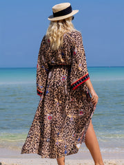 Boho Leopard Print Batwing Sleeve Kimono Cover Up