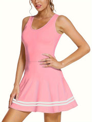  Striped Sleeveless Sports Dress with Built-in Shorts and Pockets