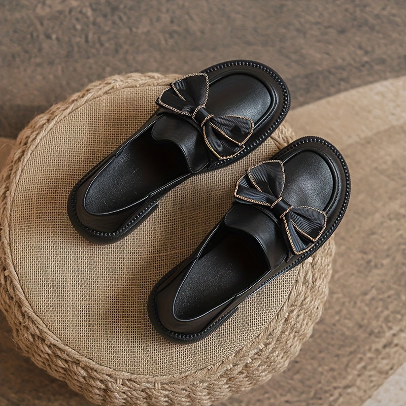 Women's Chunky Heel Loafers with Bowknot Detail