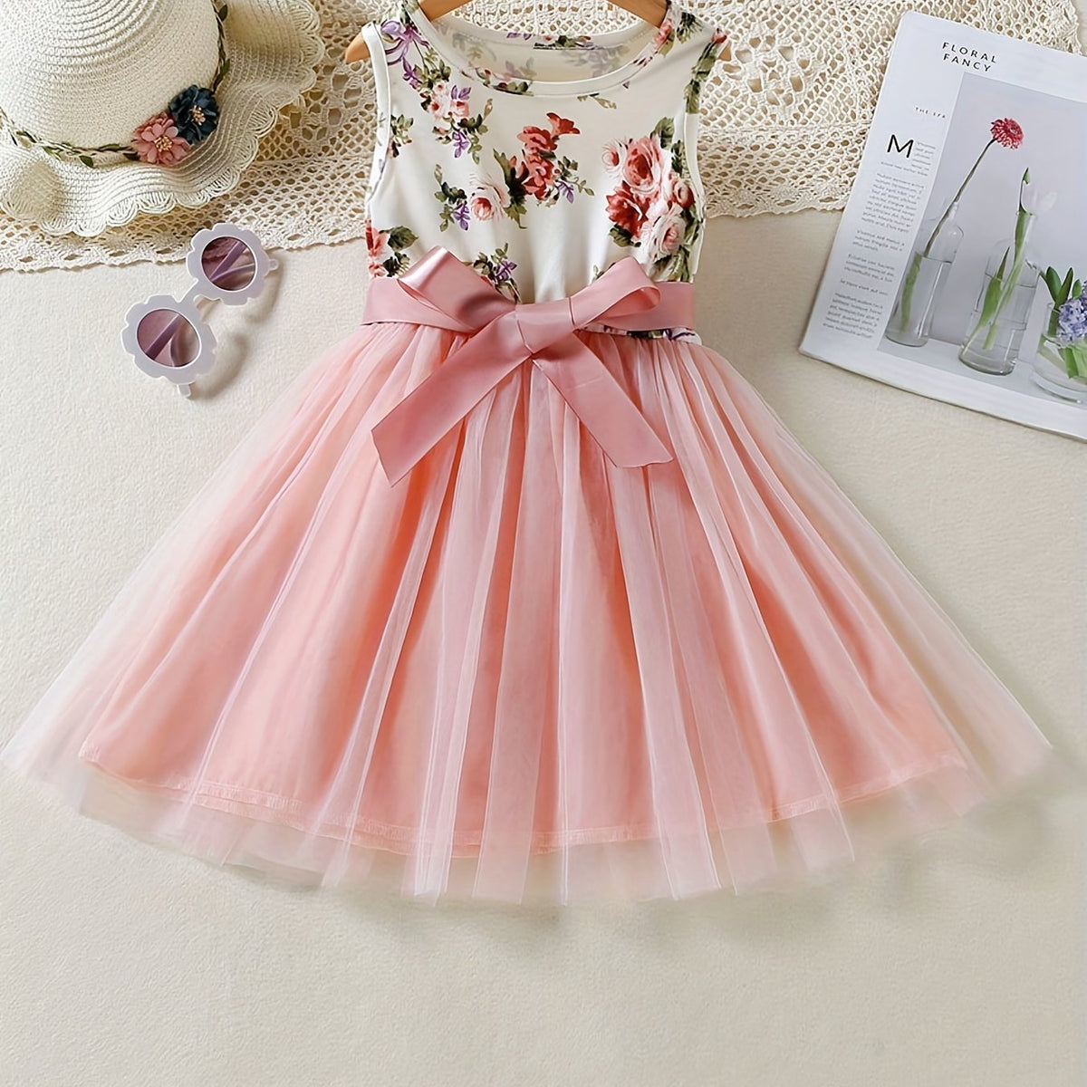 Girls Boho Floral Tank Dress With Band Belt Princess Dress