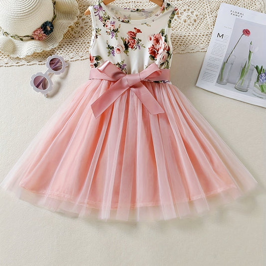 Girls Boho Floral Tank Dress With Band Belt Princess Dress