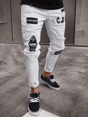 Letter Print Slim Fit Ripped Jeans Distressed Denim Pants