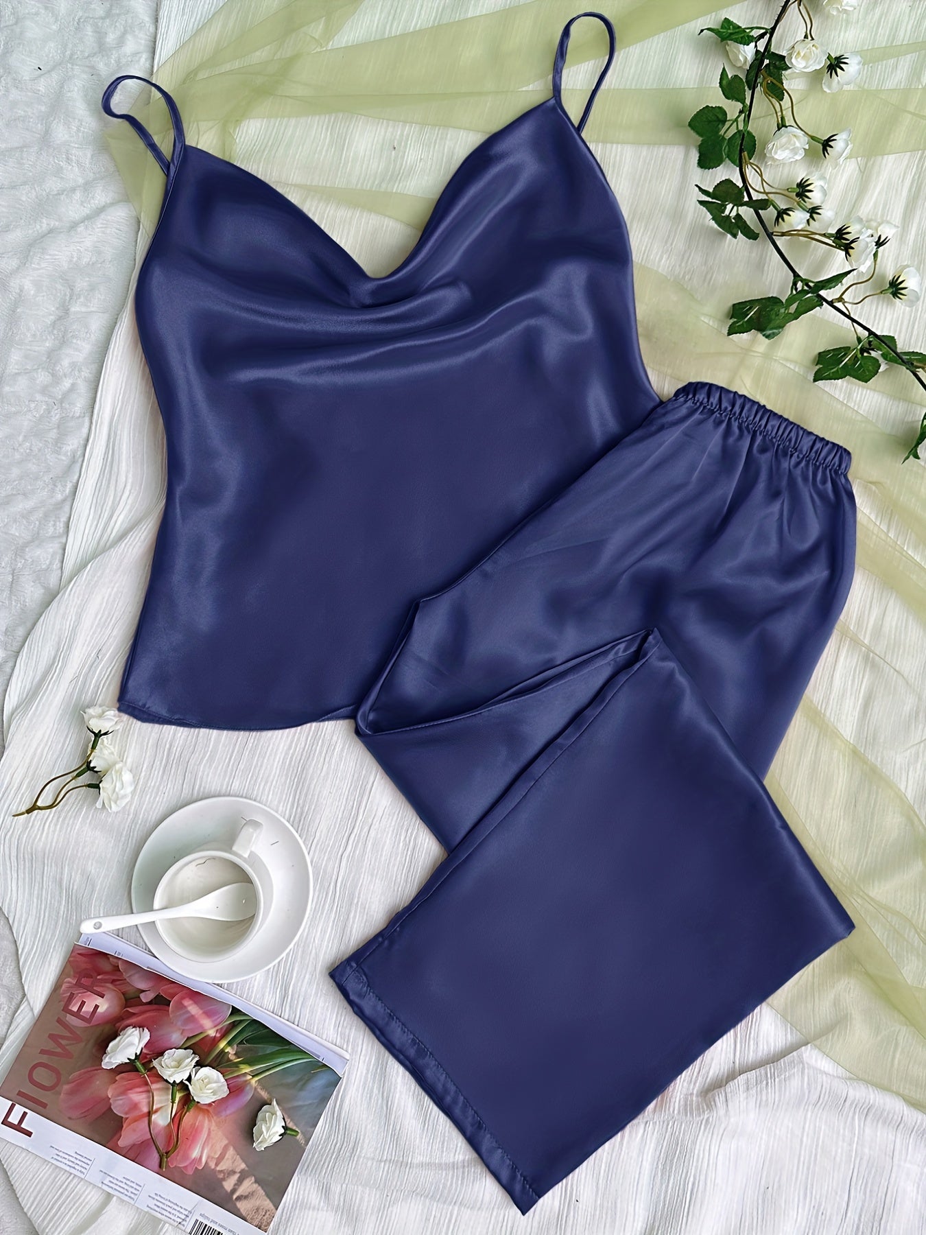 Satin Pajama Set V Neck Cami Top & Pants Women's Sleepwear