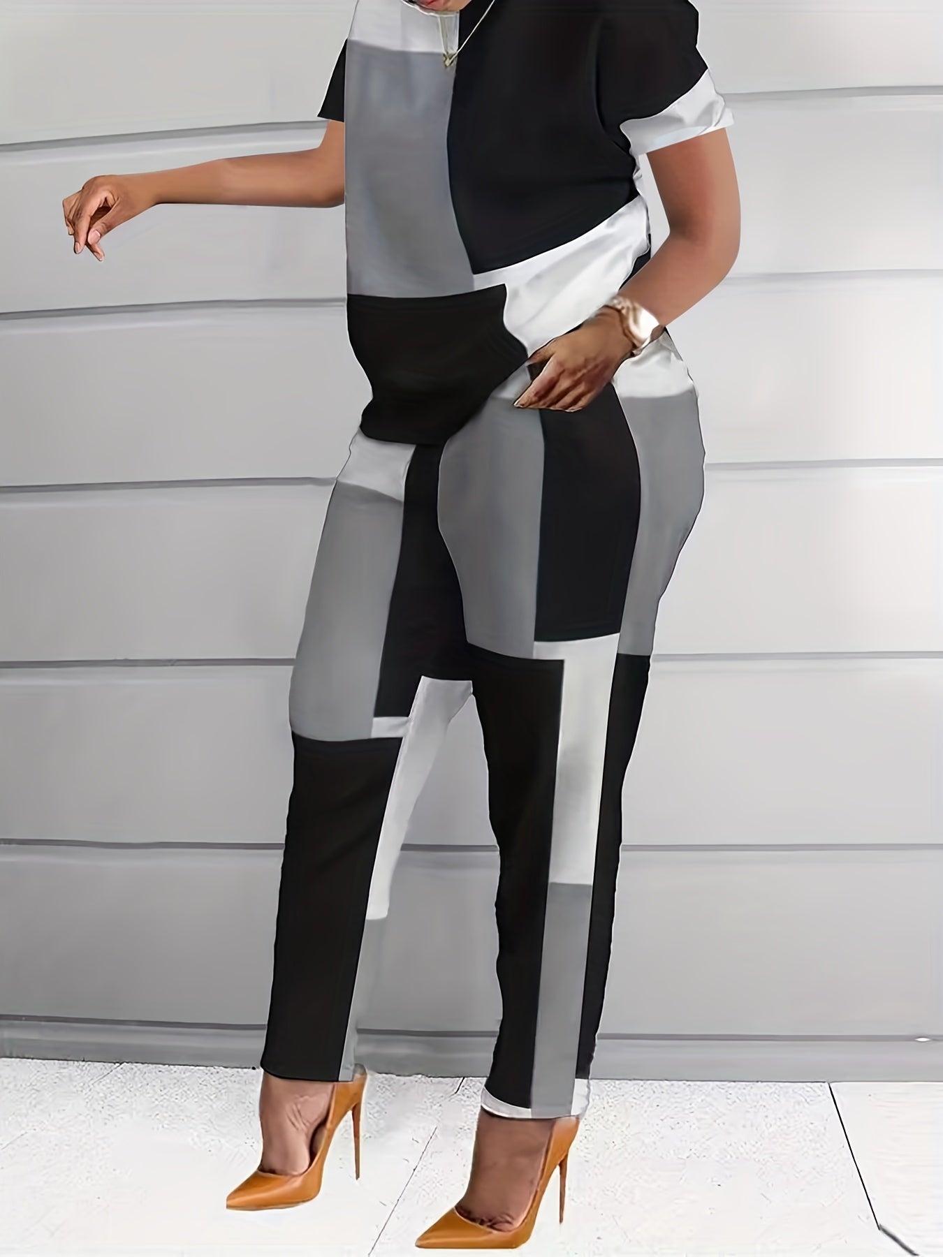 Denim Print Two Piece Set Short Sleeve T shirt & High Waist Pants Outfits
