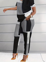 Denim Print Two Piece Set Short Sleeve T shirt & High Waist Pants Outfits