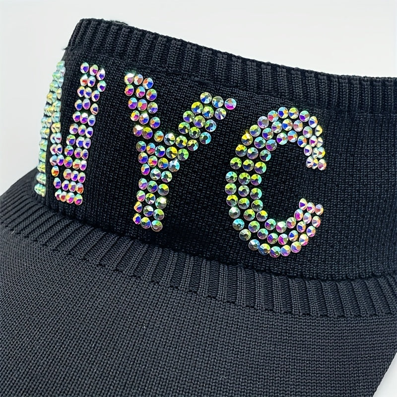 Rhinestone Letter Visor Hat Knitted Elastic Sun Cap