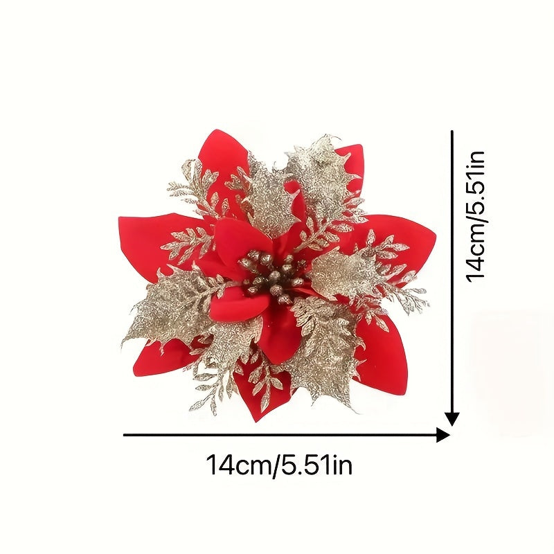 6pcs Glitter Poinsettia Flowers Red Christmas Tree Ornaments