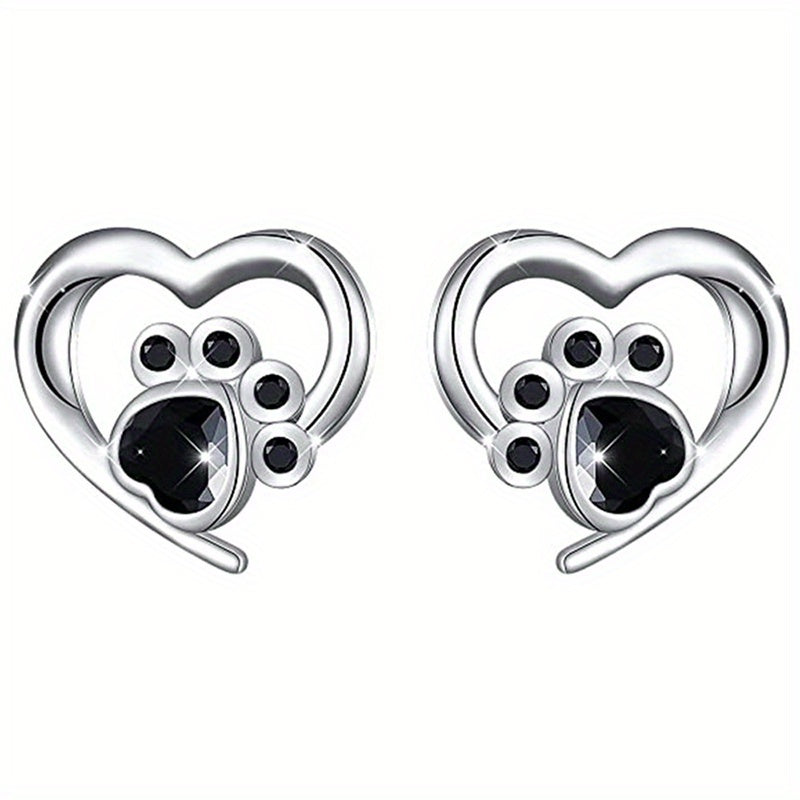 Cat Dog Footprint Heart Stud Earrings Silver Plated Daily Wear Gift