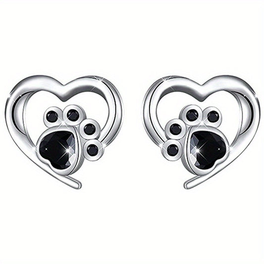 Cat Dog Footprint Heart Stud Earrings Silver Plated Daily Wear Gift