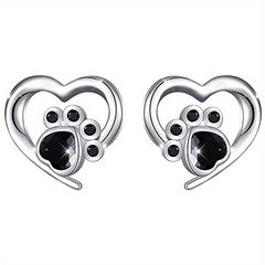 Cat Dog Footprint Heart Stud Earrings Silver Plated Daily Wear Gift