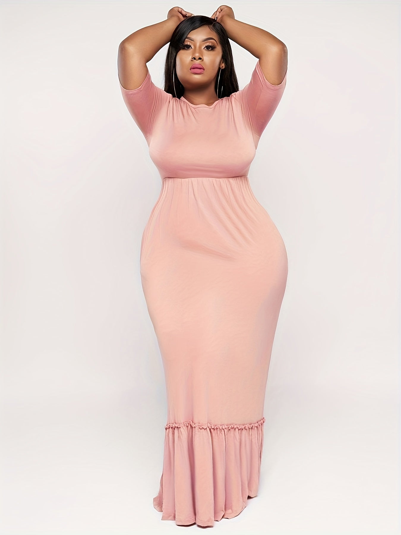  Solid Short Sleeve Maxi Dress
