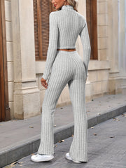 Ribbed Two-Piece Set Funnel Neck Long Sleeve Top & Flared Leg Pants Outfit