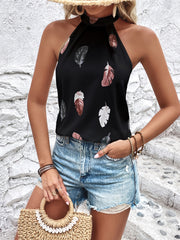 Feather Print Halter Neck Top for Summer Women's Clothing