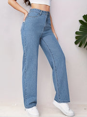 High Waist Straight Jeans Non Stretch Denim Pants