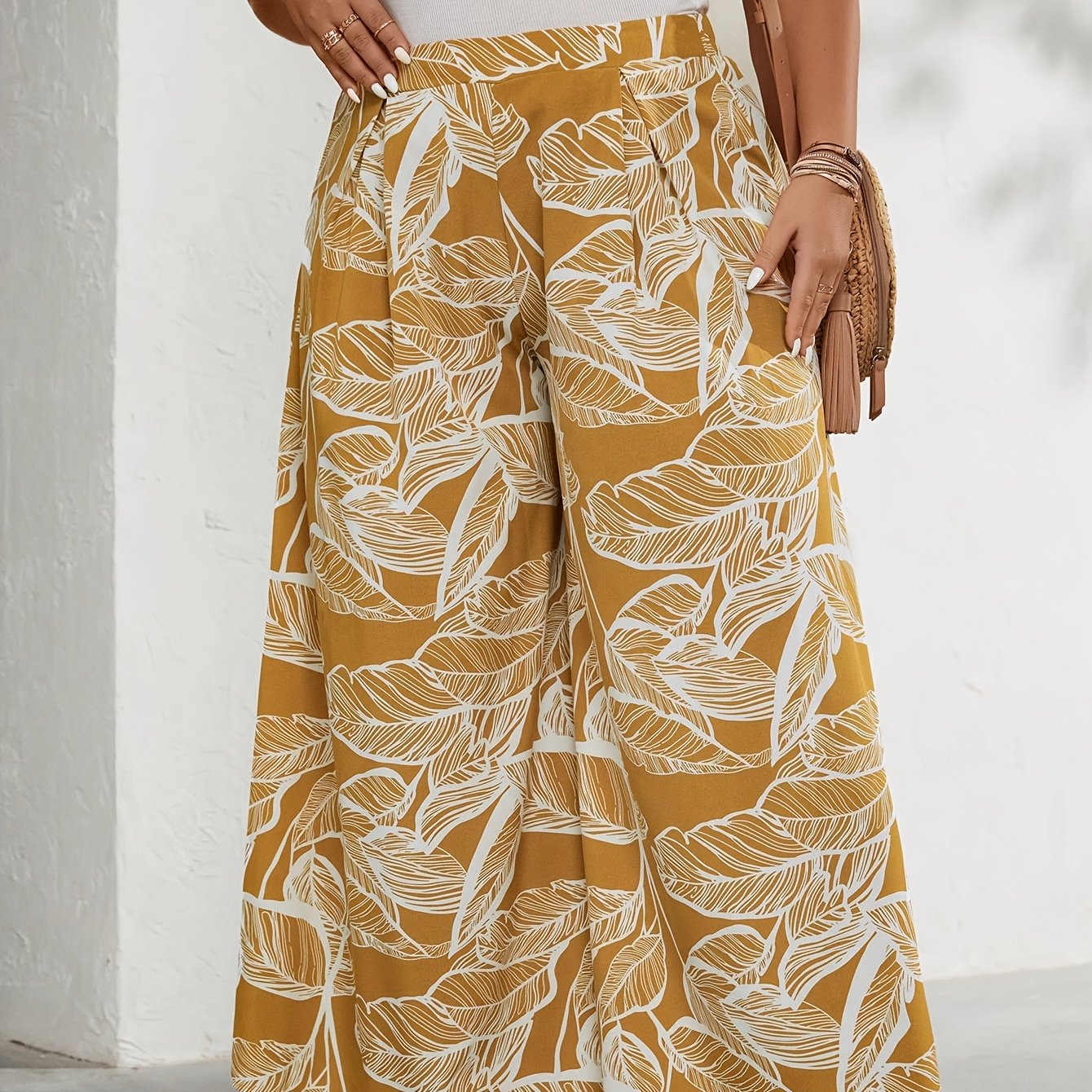  Tropical Print High Rise Wide Leg Trousers