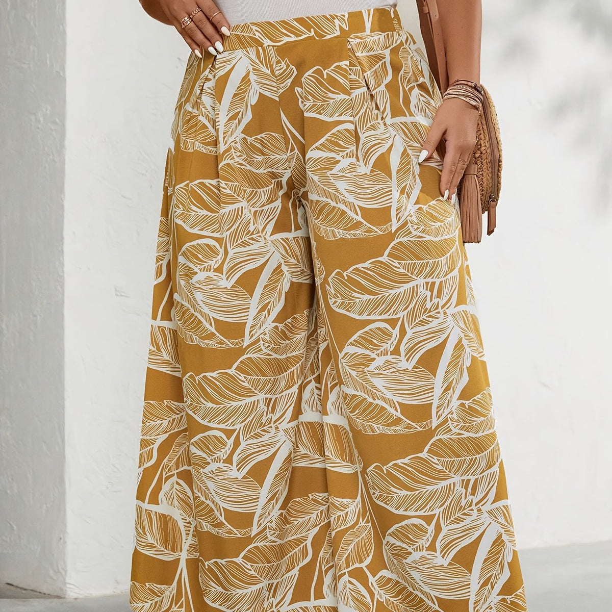  Tropical Print High Rise Wide Leg Trousers