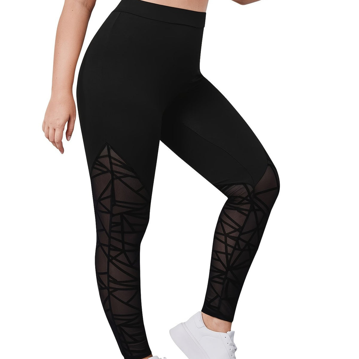 Solid Contrast Mesh High Rise Leggings Plus Size